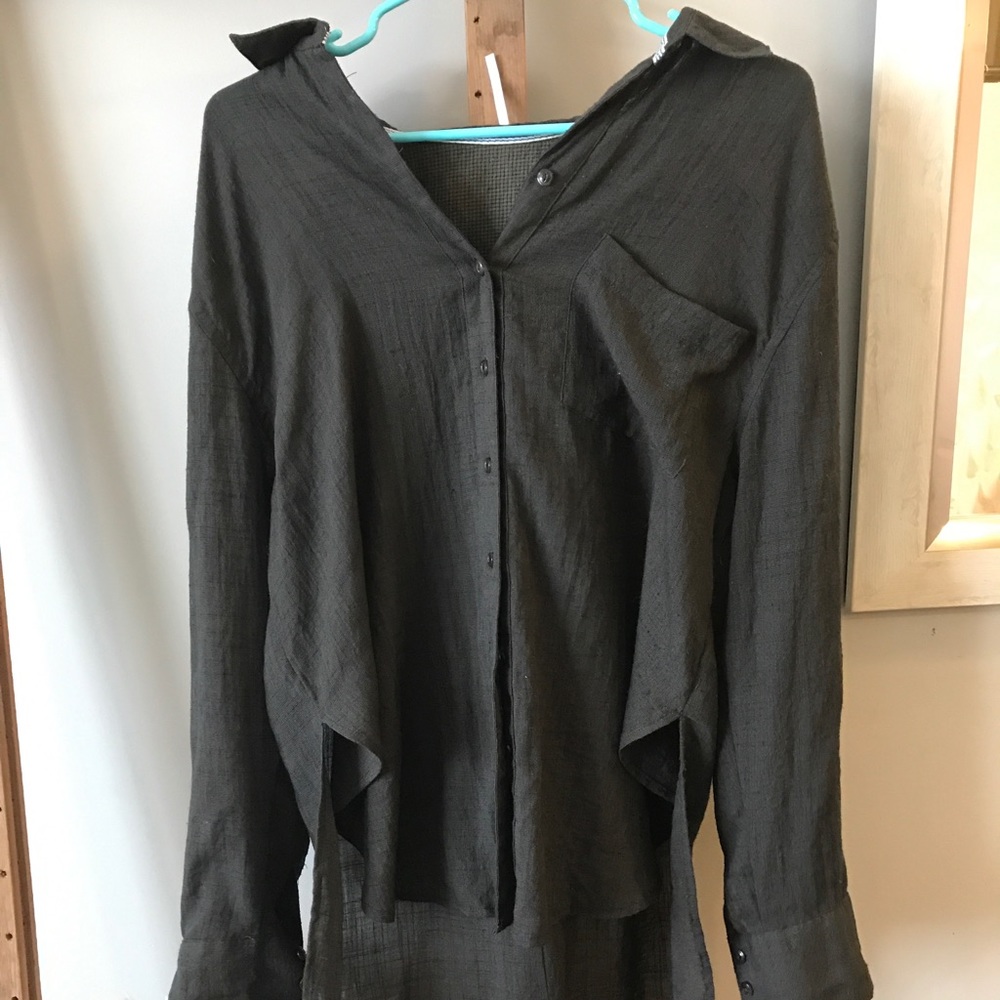 Long sleeve button down waffle green shirt